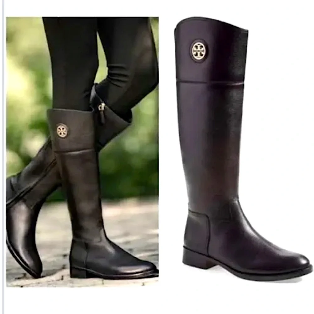 Black Leather Riding Boots with Gold Logo Tory Burch boots tall black boots - Picture 1 of 16